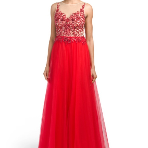NWT Red Beaded Illusion Gown Sz 6